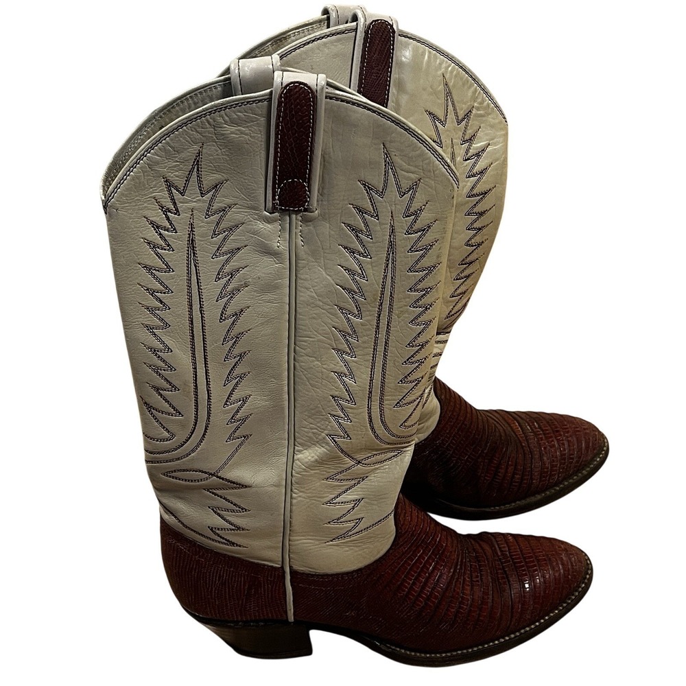Vintage Dan Post Women's Burgundy Lizard Cream Leather Western Cowboy Boot